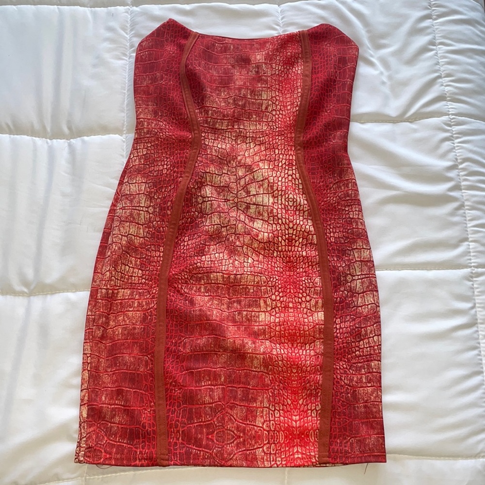 Strapless red snakeskin mini dress